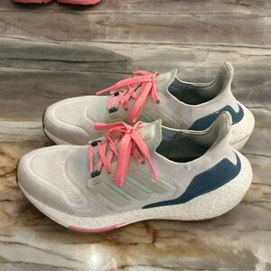 Adidas White and Pink Boost Sneakers with Blue Accents